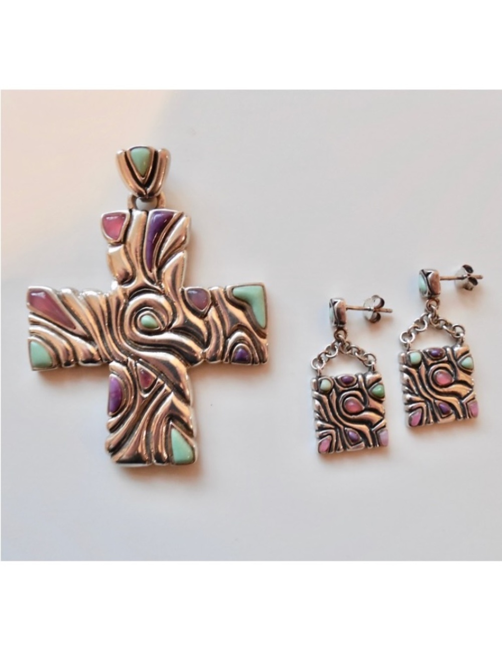 BARSE 925 Sterling Silver Turquoise & Pink Gemstone Cross Pendant & Earrings SET